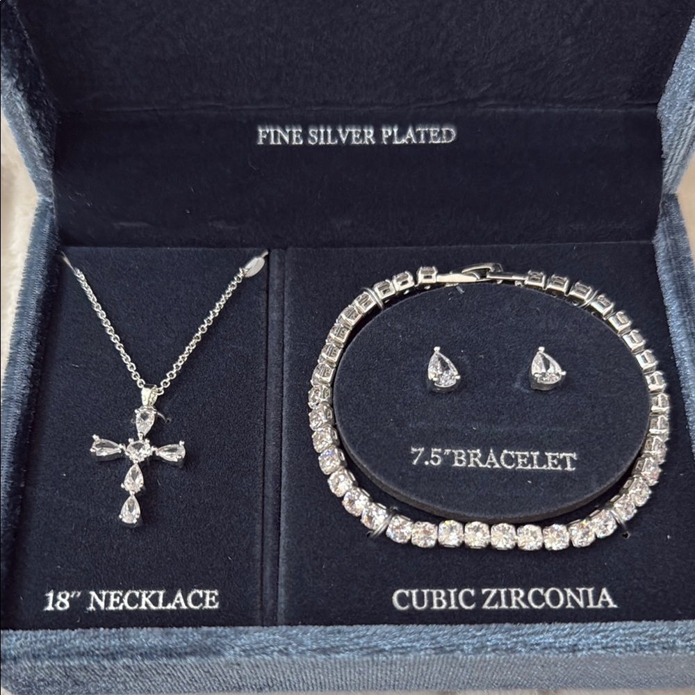 Fine Silver Plated Cubic Zirconia Cross,Stud Earrings & Tennis Bracelet Set